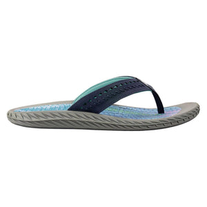 Korkers navy blue flip flop with teal accents and patterned footbed