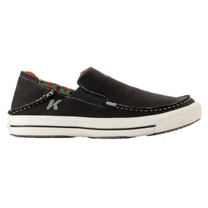 Korkers black canvas slip on shoe with white rubber sole and patterned interior lining