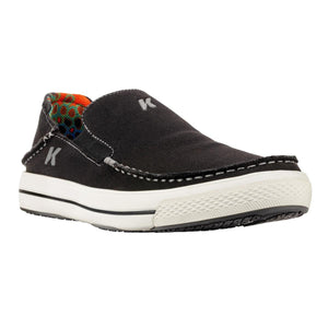 Korkers black canvas slip on shoe with white rubber sole and patterned interior lining
