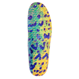 Korkers replacement insole with a yellow and blue fish scale pattern
