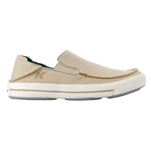 Korkers beige canvas slip on shoe with white rubber sole