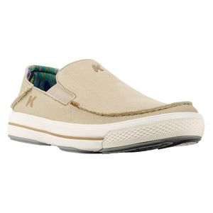 Korkers beige canvas slip on shoe with white rubber sole and patterned interior lining