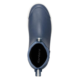 Top view of a navy blue Korkers slip on rubber boot