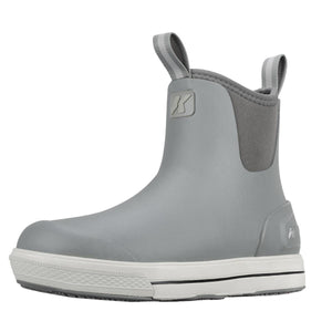 Grey Kamik ankle rain boot with white rubber sole and pull tabs