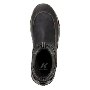 Top view of a black Korkers slip on boot with grey trim and branded insole