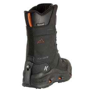 Rear view of black Korkers winter boot with orange accents and Thinsulate insulation