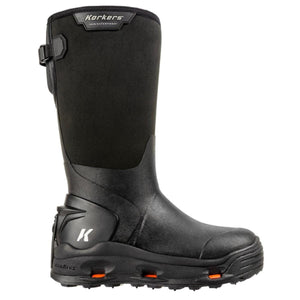Korkers black waterproof rubber boot with side buckle and orange sole accents