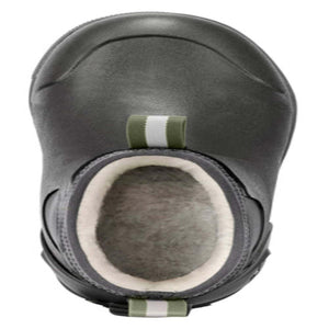 Top view of a Korkers olive green slip on boot with a fleece lining