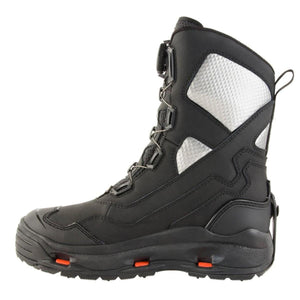 Korkers black wading boot with silver side panels and dial lacing system