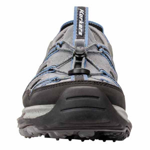 Front view of grey and blue Korkers water shoe with toggle lacing system