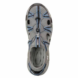 Top view of a grey and blue Korkers water shoe with a toggle lacing system