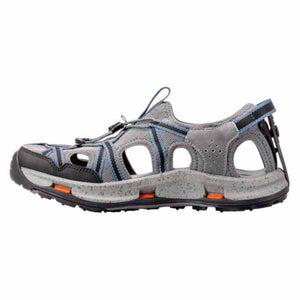 Korkers grey and blue water sandal with toggle lacing and speckled midsole