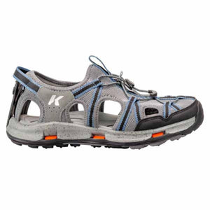Korkers grey and blue water sandal with toggle lacing system and cutouts