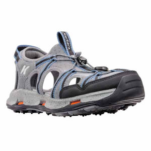 Korkers grey and black outdoor sandal with toggle lacing system and rubber toe cap