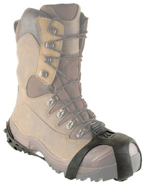 Korkers black rubber traction cleat attached to the front of a brown hiking boot