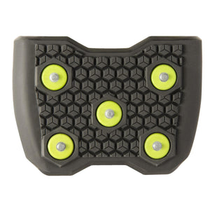 Korkers traction cleat with five metal studs on a black hexagonal patterned rubber base