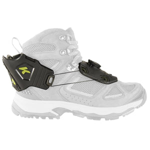 Korkers boot accessory with dial lacing system attached to a grey hiking boot