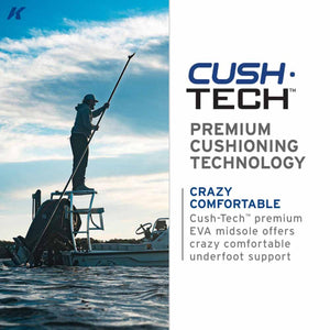 Person standing on a boat platform holding a pole with Cush-Tech premium cushioning technology text