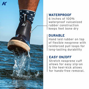 Korkers waterproof boot features with rubber construction and neoprene cuff for easy wear