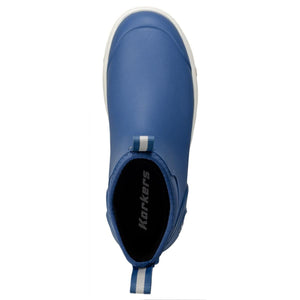 Top view of blue Korkers waterproof slip on boot