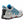 Korkers grey and blue athletic shoe with black lacing system and speckled midsole