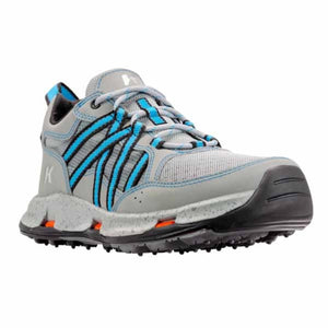 Korkers grey and blue athletic shoe with speckled midsole and black rubber toe cap