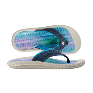 Koolaburra by UGG DeYoung flip flops with blue and purple scale pattern footbed and navy straps