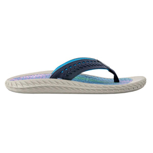 Navy blue and light blue flip flop with a patterned footbed and beige sole