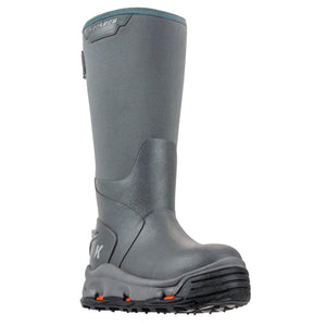 Korkers grey waterproof tall rubber boot with black lugged sole and orange accents