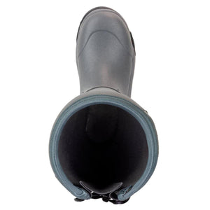 Top down view of a grey Korkers rubber boot