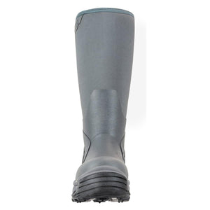 Back view of a grey Korkers tall rubber boot