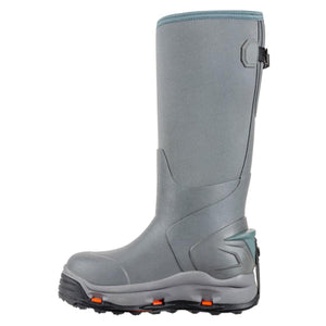 Korkers grey tall waterproof rubber boot with side adjustment strap and orange sole accents