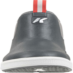 Korkers grey slip on shoe with red and white heel pull tab
