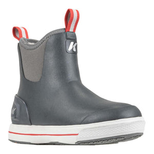 Korkers grey waterproof ankle boot with red and white pull tabs and white sole