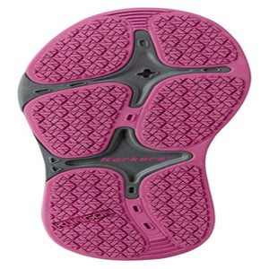 Korkers pink and grey rubber shoe outsole with textured tread pattern