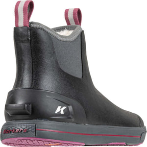 Korkers black waterproof ankle boot with grey trim and pink pull tabs