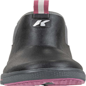 Korkers black slip on shoe with grey trim and pink sole