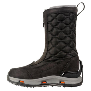 Korkers black quilted winter boot with front zipper and grey midsole