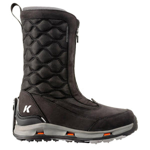 Korkers black waterproof quilted winter boot with front zipper closure