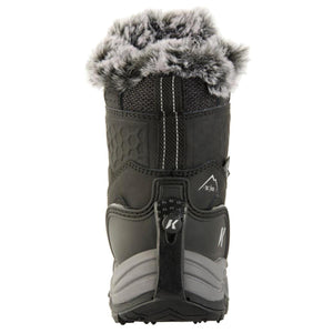 Rear view of black Korkers winter boot with faux fur trim and K logo heel tab