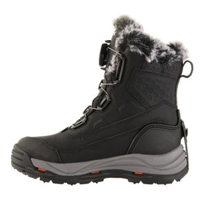 Korkers black winter boot with faux fur collar and dial lacing system