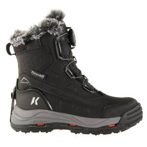 Korkers black waterproof winter boot with faux fur trim and dial lacing system