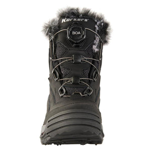 Korkers black winter boot with faux fur trim and BOA lacing system