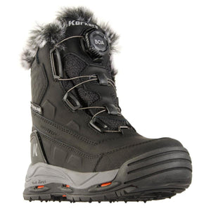 Korkers black waterproof winter boot with faux fur trim and BOA lacing system