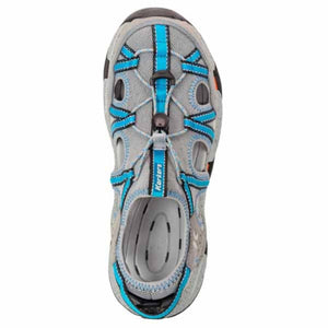 Top view of grey and blue Korkers water sandal with toggle lacing system