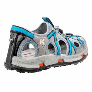 Korkers grey and blue water sandal with black heel strap and orange accents