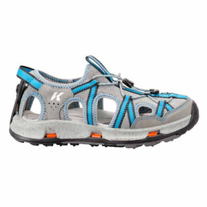 Korkers grey and blue water sandal with toggle lacing system