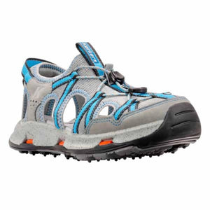 Korkers grey and blue water sandal with toggle lacing and black rubber toe cap