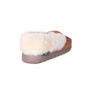 Cloud Nine Sheepskin tan suede slipper with cream wool lining and brown rubber sole