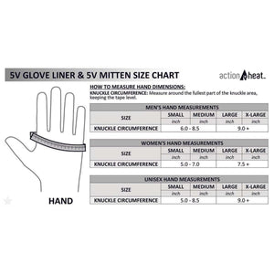 ActionHeat 5V glove liner and mitten size chart showing hand measurement instructions and sizing tables